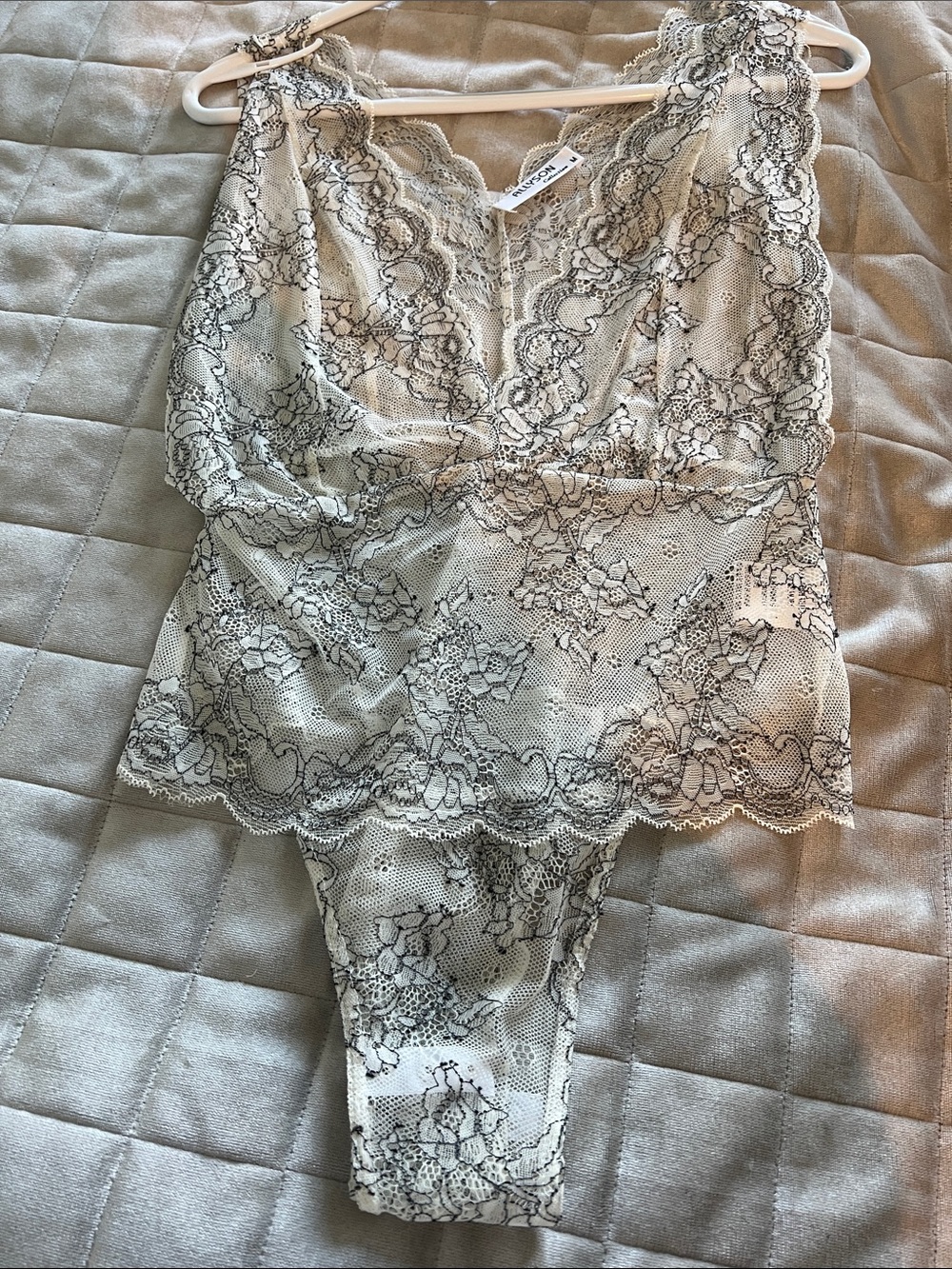 Lace V-Neck Chemise & Thong Set - Ivory with Black Lace